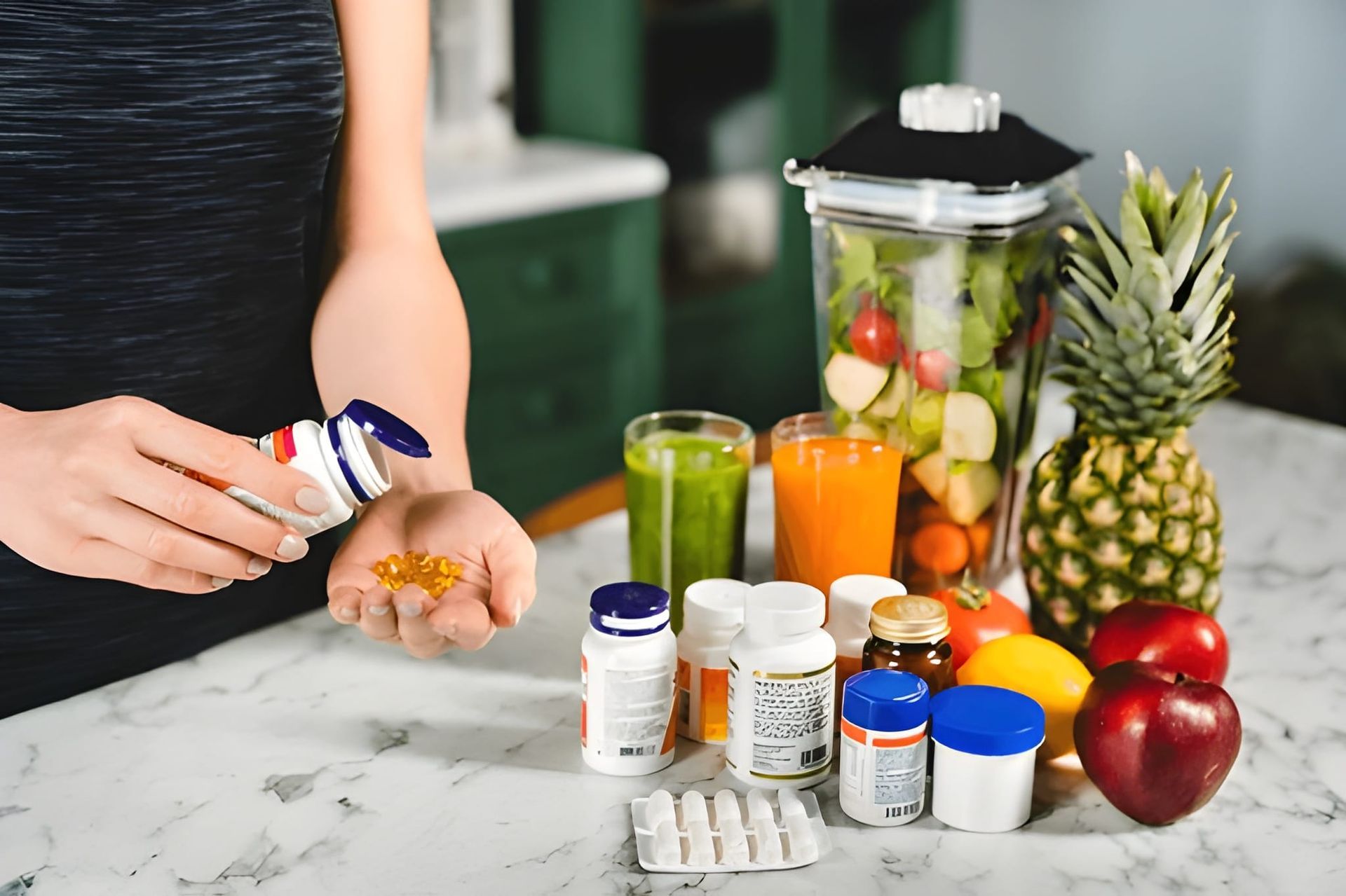 Woman Pouring Supplements From Bottle — Bespoke Longevity and Aesthetic Medicine In Southport, QLD