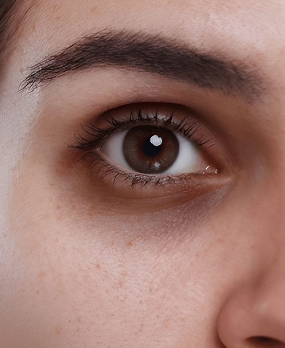 Close-up of a person's eye with dark circles underneath. Dark brown iris, thick dark eyebrow, pale skin.