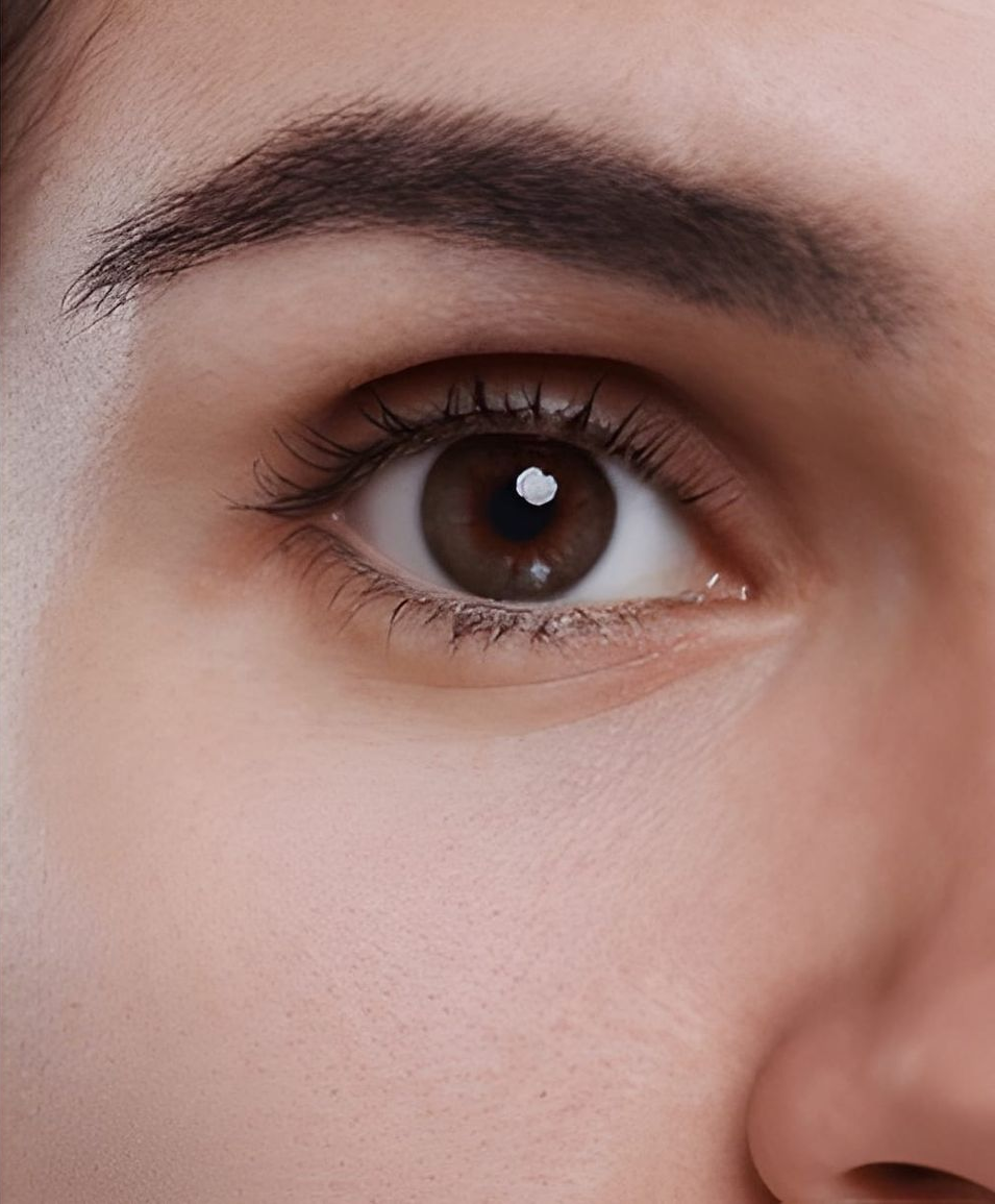 Close-up of a person's eye, brown iris, dark eyebrow, and pale skin.
