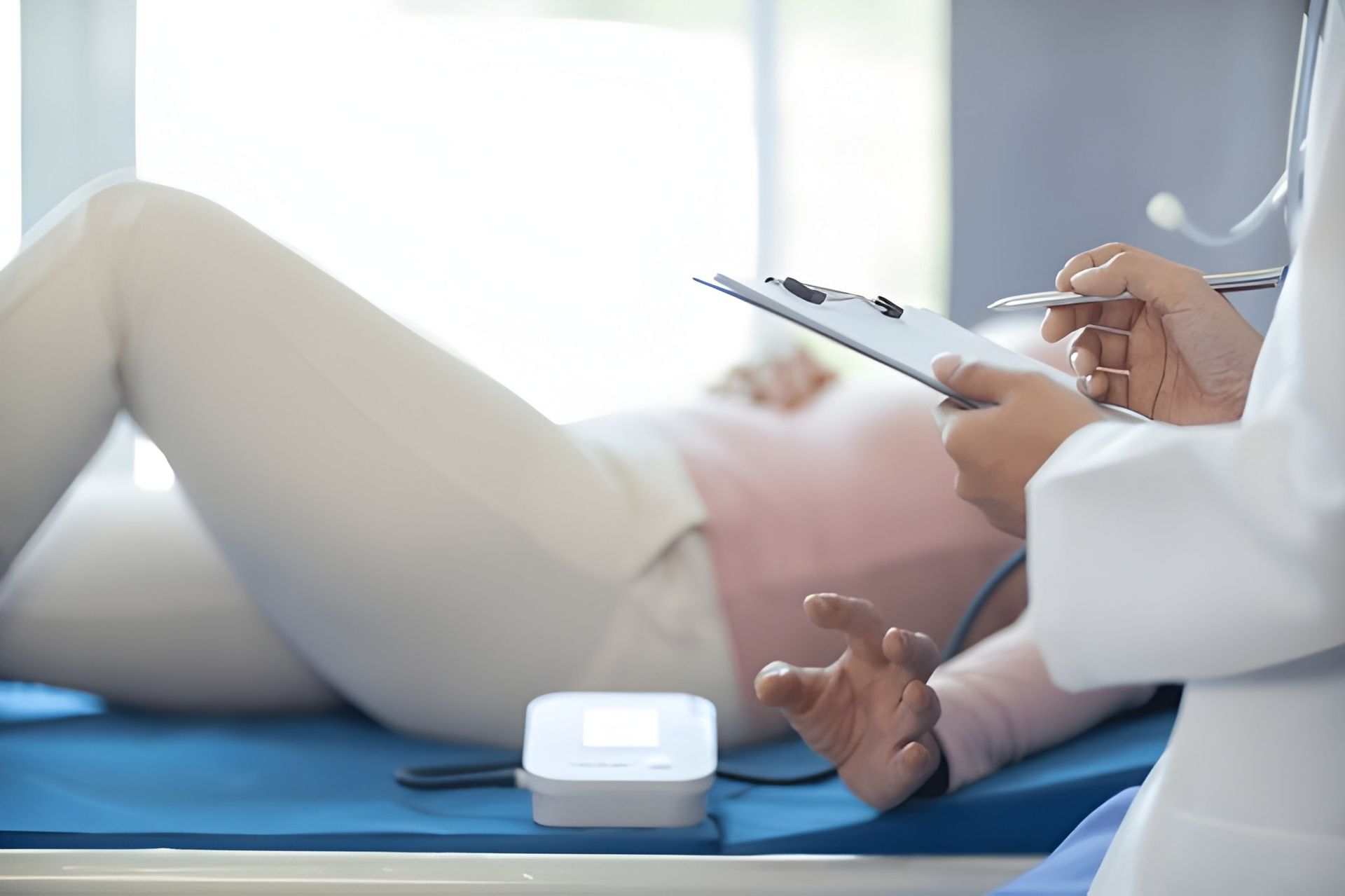 Doctor Taking Notes, Patient Lying on a Medical Bed — Bespoke Longevity and Aesthetic Medicine In Southport, QLD