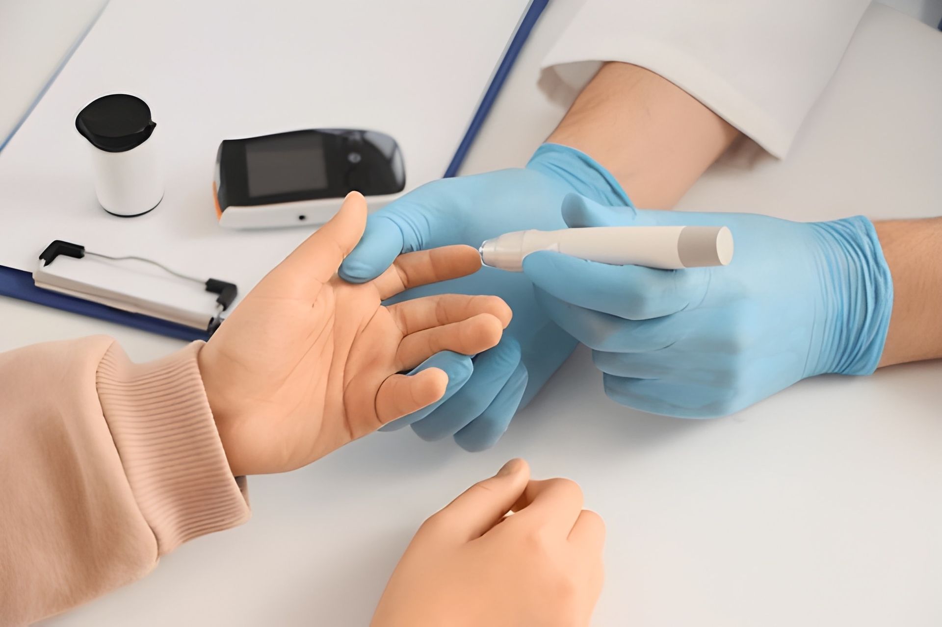 A Person's Finger Being Pricked for a Blood Glucose Test by a Gloved Hand — Bespoke Institute In Southport, QLD