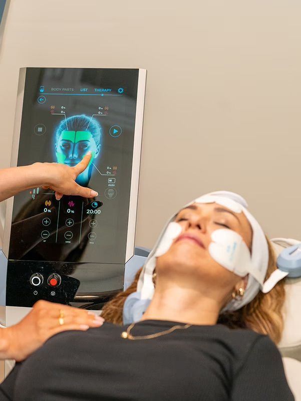 Woman Undergoing Facial Treatment, With a Technician Pointing at a Screen Displaying a Face Map — Bespoke Institute In Southport, QLD
