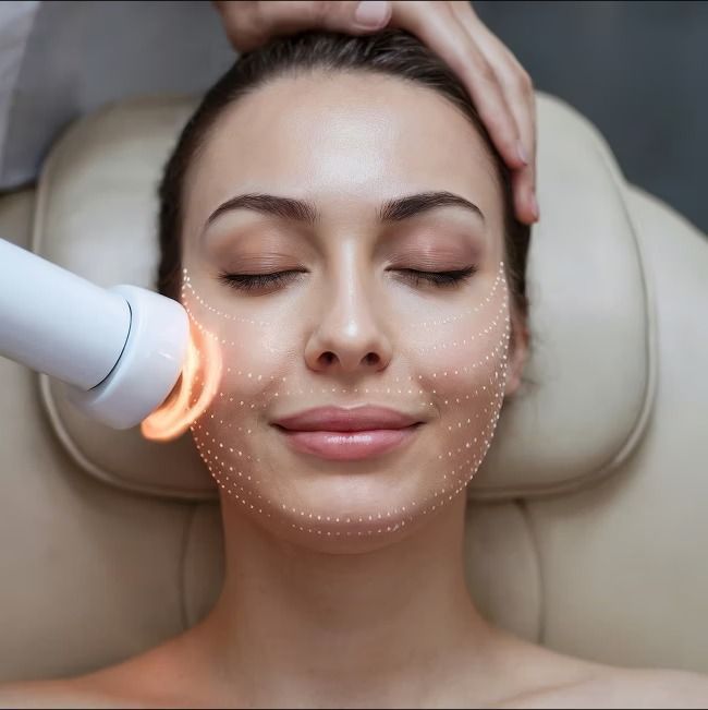 Woman Receiving Facial Treatment, Orange Light. Lines on Face, Closed Eyes — Bespoke Institute In Southport, QLD