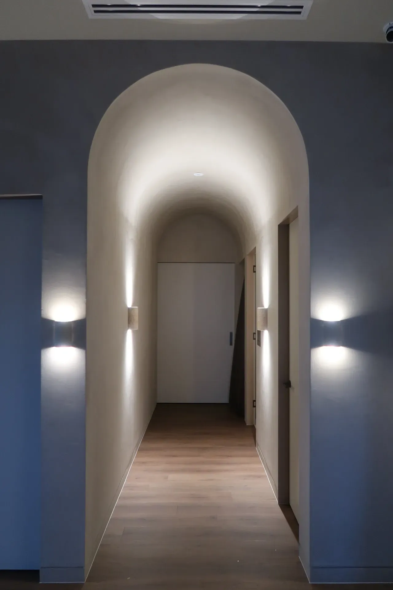 Hallway with arched ceiling, light fixtures on walls, wood floor, and doors.