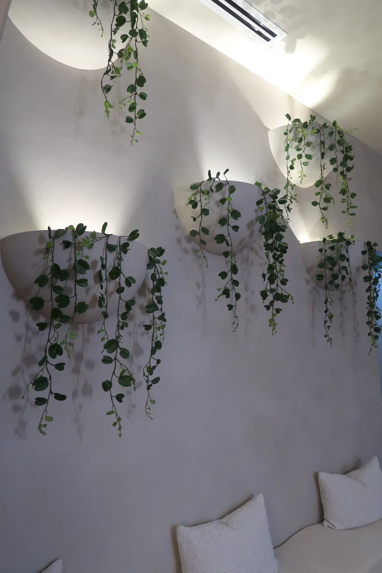 White wall with hanging vines and built-in lighting, with pillows on a lower seating area.