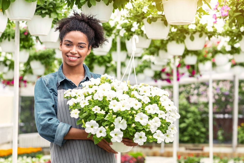 Woman holding white flower basket in a greenhouse, smiling.