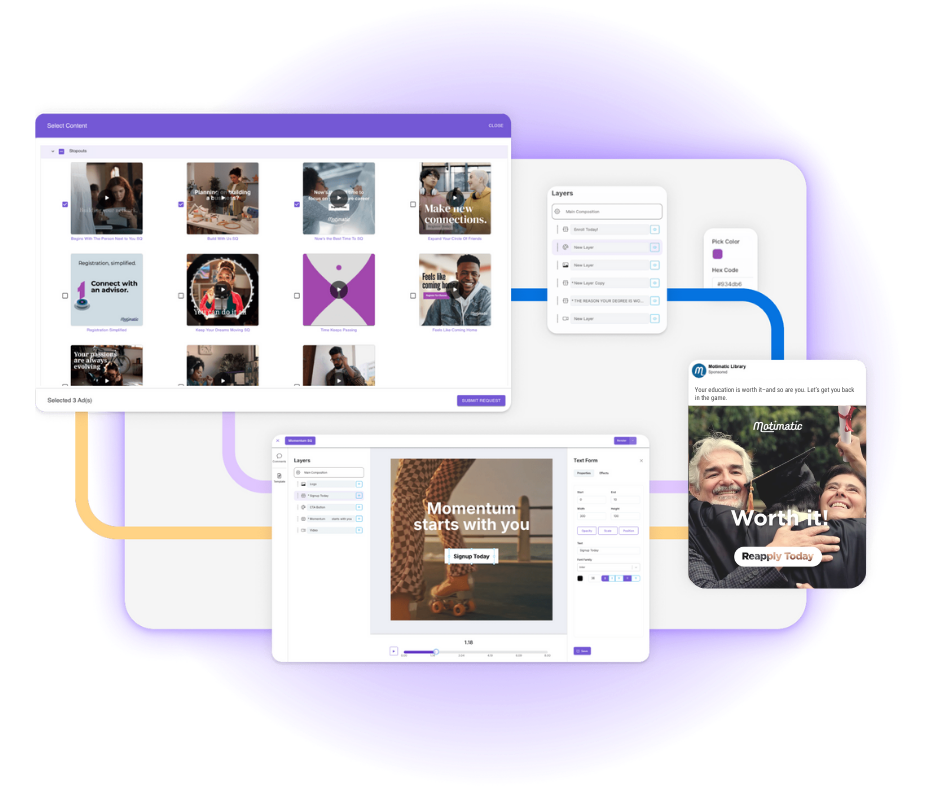 Motimatic Create interface with asset library, editor, and social media preview