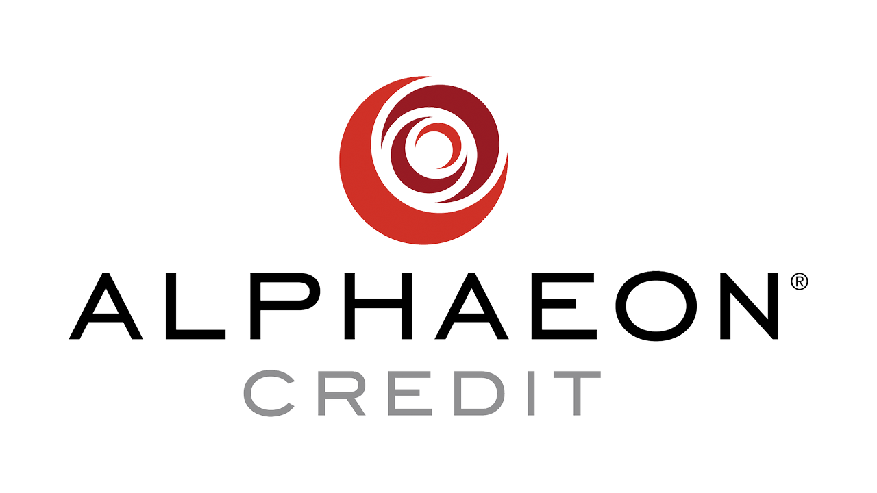 Alphaeon Credit logo: Red floral design above black 