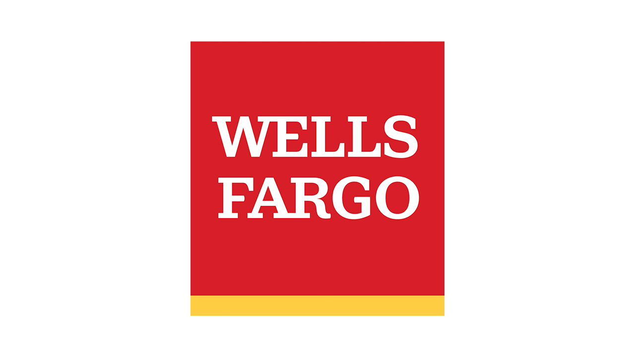 Wells Fargo logo: white text on a red square with a yellow stripe at the bottom.