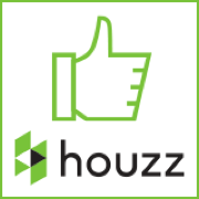 Green thumbs-up icon above a Houzz logo, enclosed in a green square.