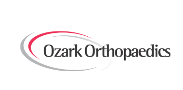 Ozark Orthopaedics logo: text within a red and gray curved line design.