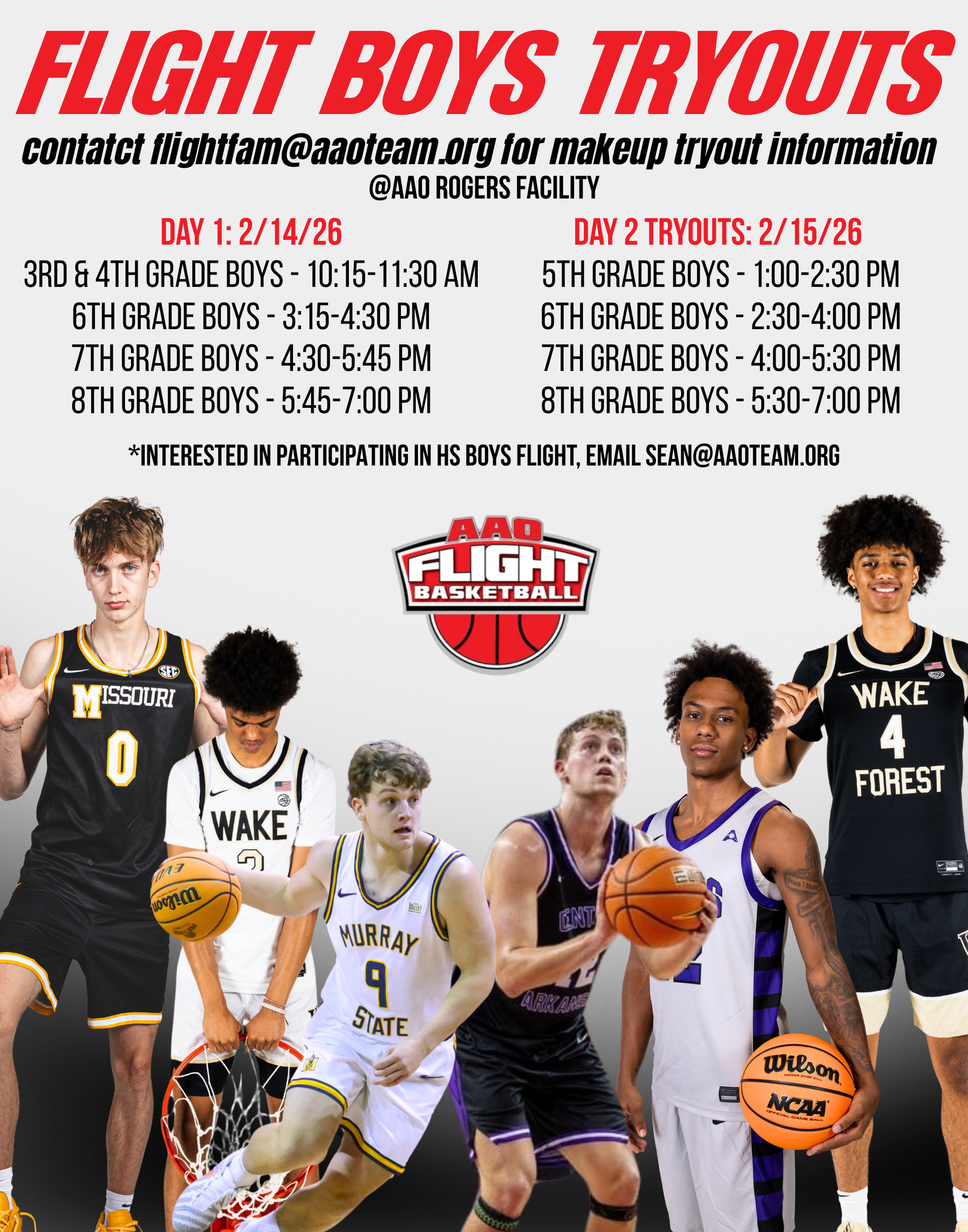 Basketball tryouts flyer with players, dates, and times for Flight Boys.