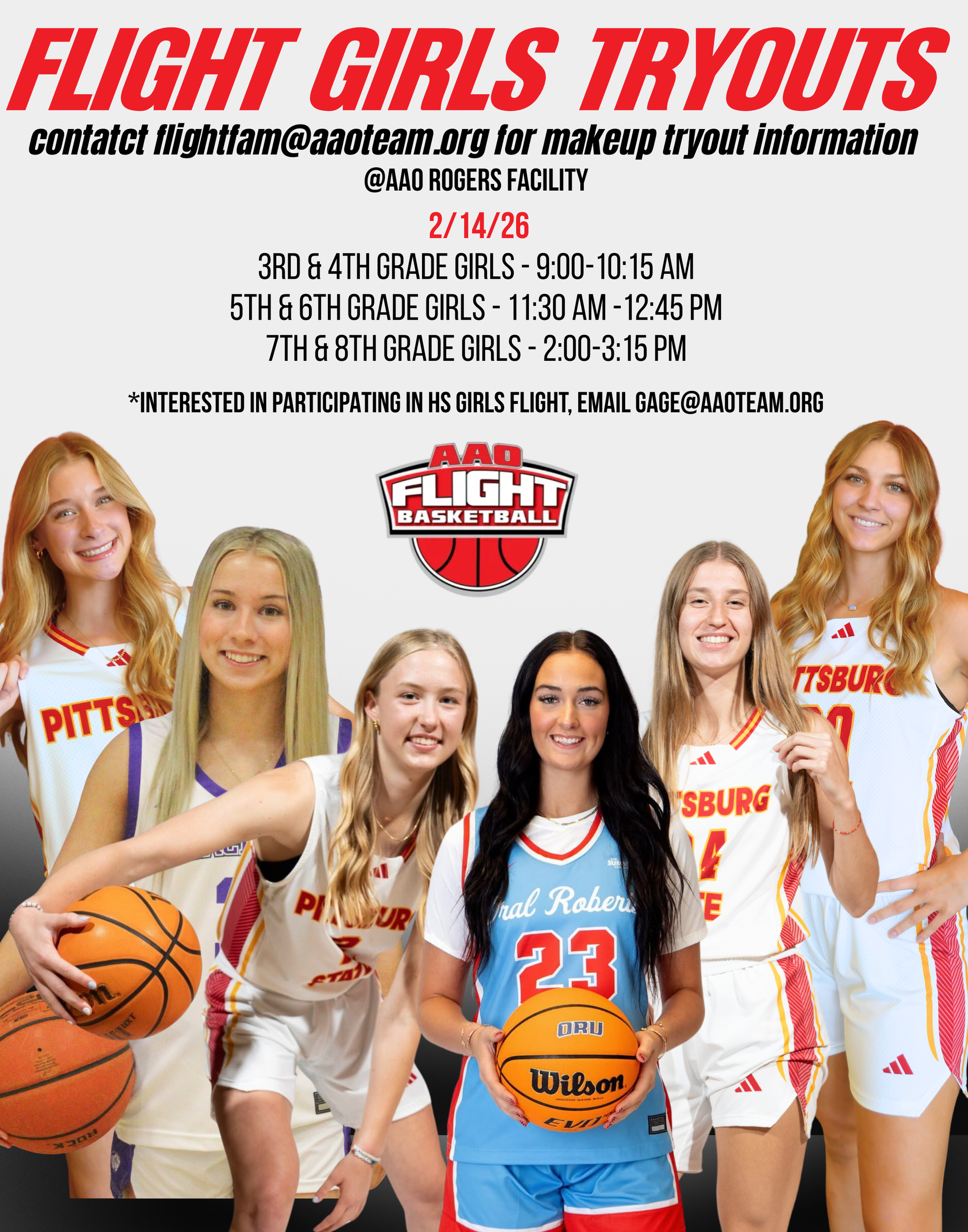Flyer for Flight Girls tryouts. Features six basketball players with a basketball in a gym setting.