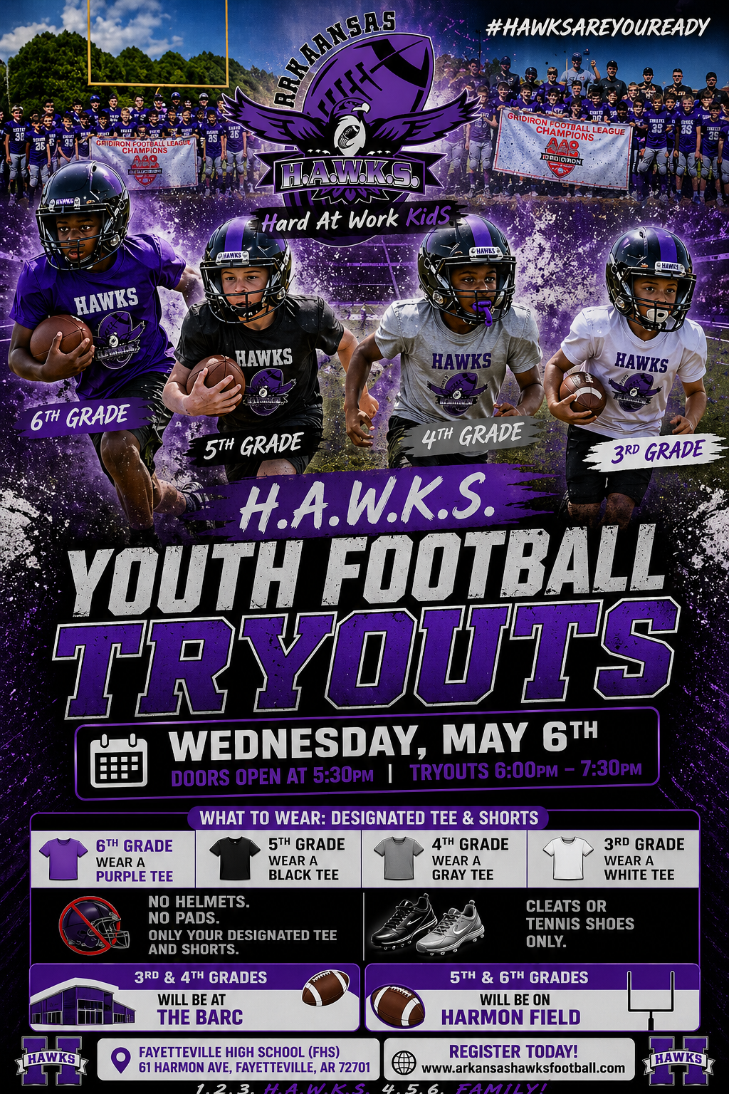Purple H.A.W.K.S. Youth Football Tryouts flyer with players, date, time, and location details.