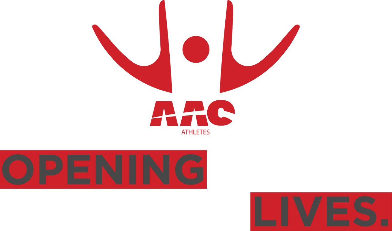 Red logo: stylized person with arms up, 