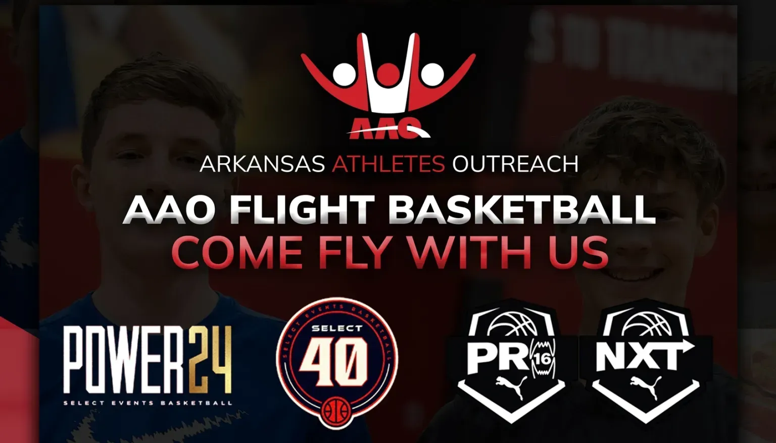 AAO Flight Basketball advertisement with two teens, logos for Power24 and Select 40.
