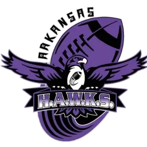 Purple Arkansas H.A.W.K.S. logo with eagle holding football in talons, soaring over football and banner.