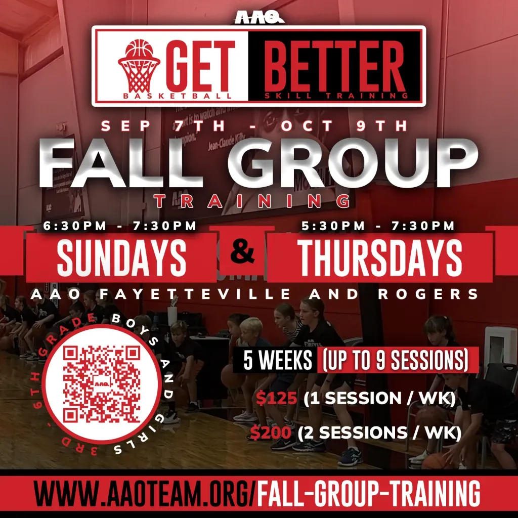 Basketball group training flyer: Fall group training in Fayetteville and Rogers, Sundays and Thursdays, 6th-8th grade boys/girls.