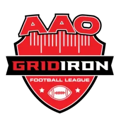 Red and black AAO Gridiron Football League logo with football icon and stars.