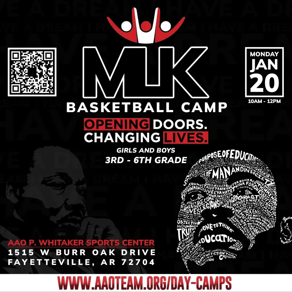 MLK Basketball Camp flyer: Girls/boys 3rd-6th grade, January 20 at AAO P. Whitaker Sports Center in Fayetteville, AR.