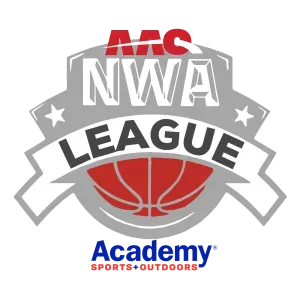 NWA League logo: red basketball, grey shield with