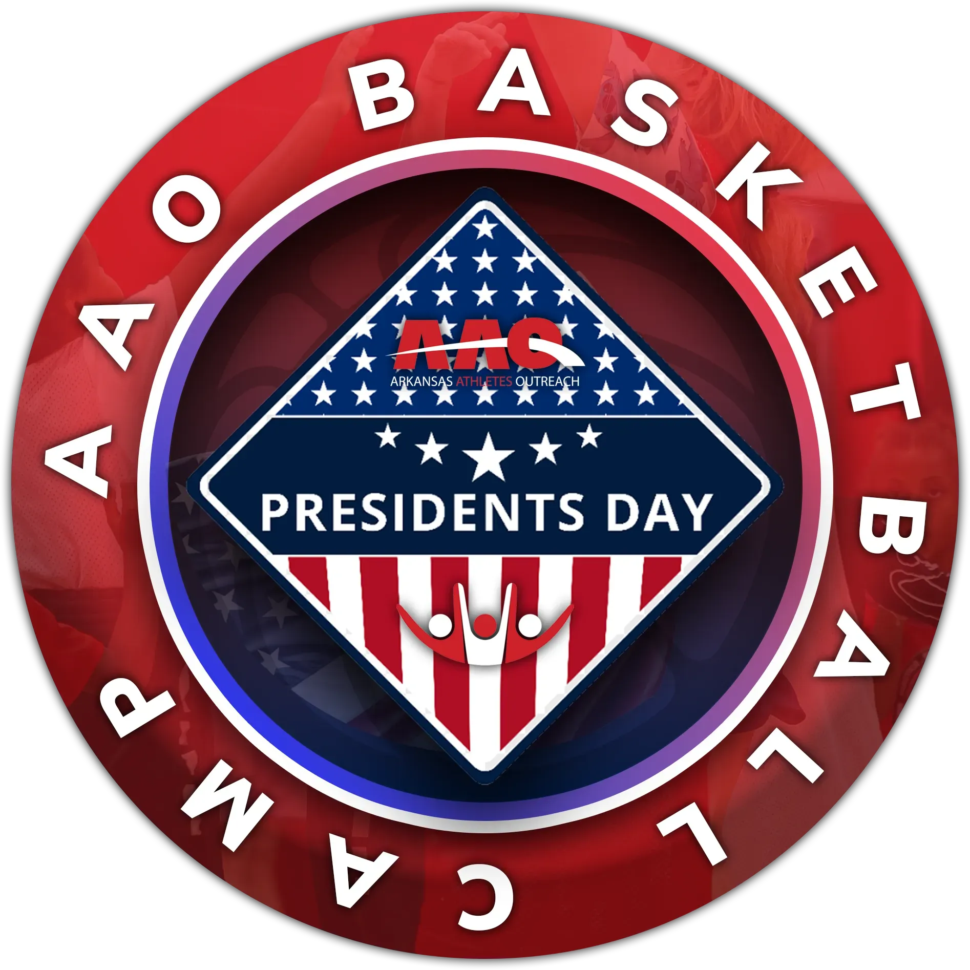 AAO Basketball Camp logo for Presidents Day with red, white, and blue design.