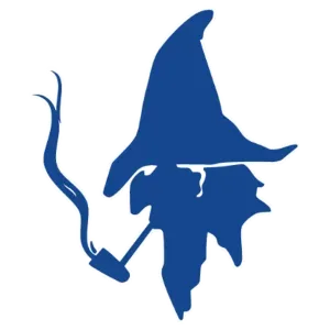 Blue silhouette of a gnome smoking a pipe, wearing a pointed hat, shaped like a leaf.