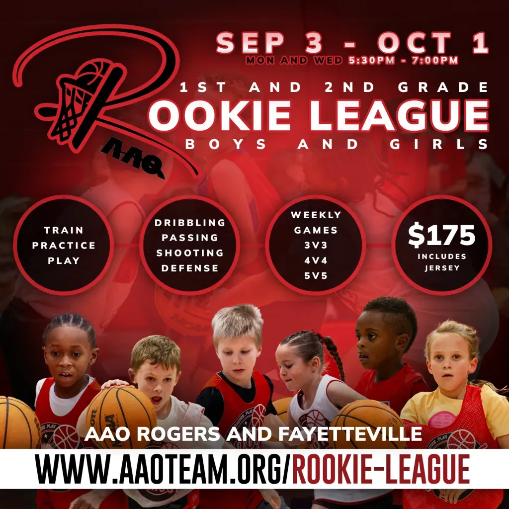 Basketball league for 1st & 2nd graders in Rogers/Fayetteville. Includes training, weekly games, jersey, and costs $175.