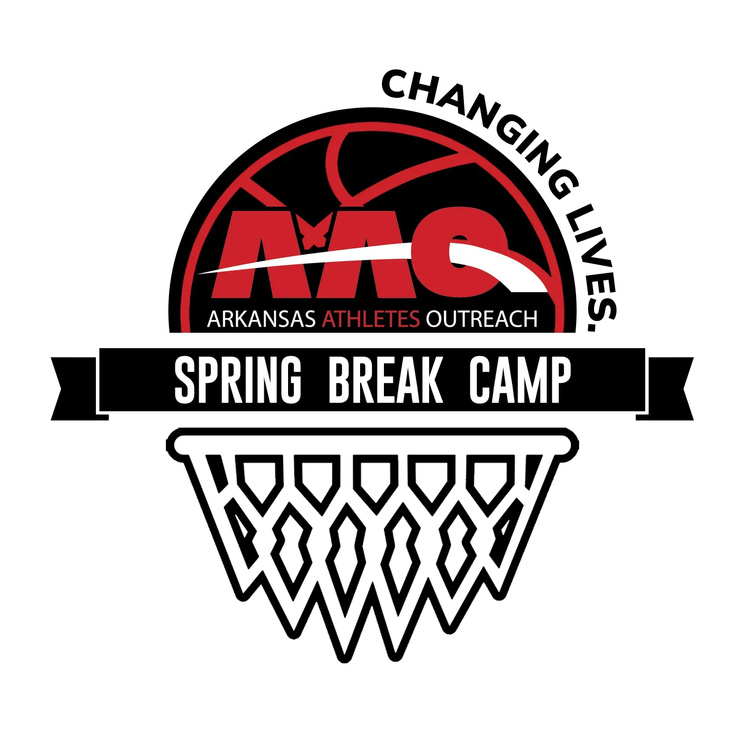 Arkansas Athletes Outreach Spring Break Camp logo: basketball net below a half-circle with text and organization logo.