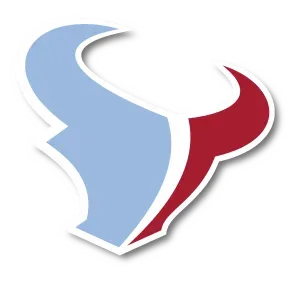 Abstract bull head logo in light blue and maroon with white outline.