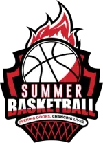 Summer basketball logo: a basketball with flames, text