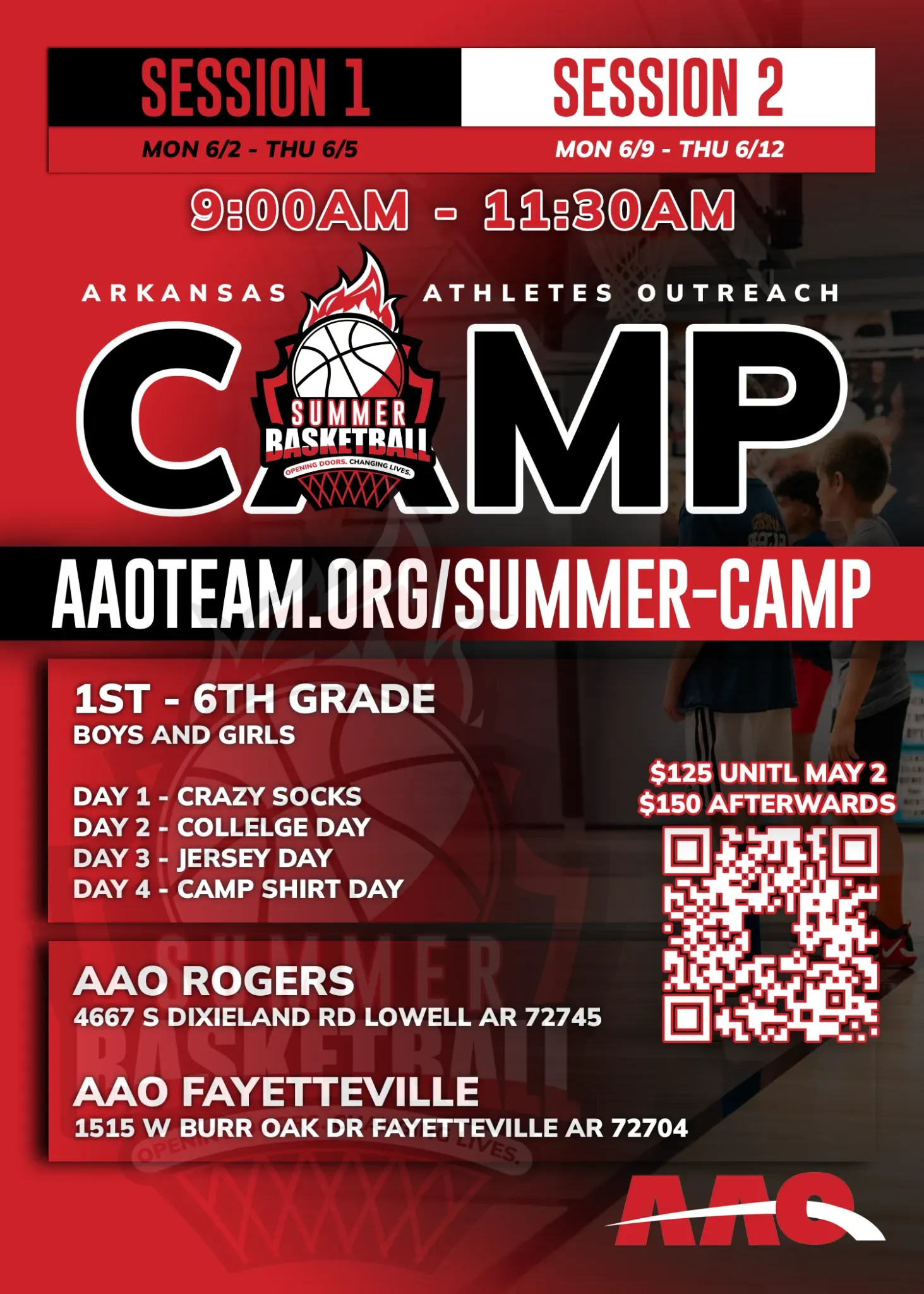 Basketball camp flyer for Arkansas Athletes Outreach. Two sessions: June 6-9 and July 11-13 for 1st-6th graders. Rogers & Fayetteville locations.