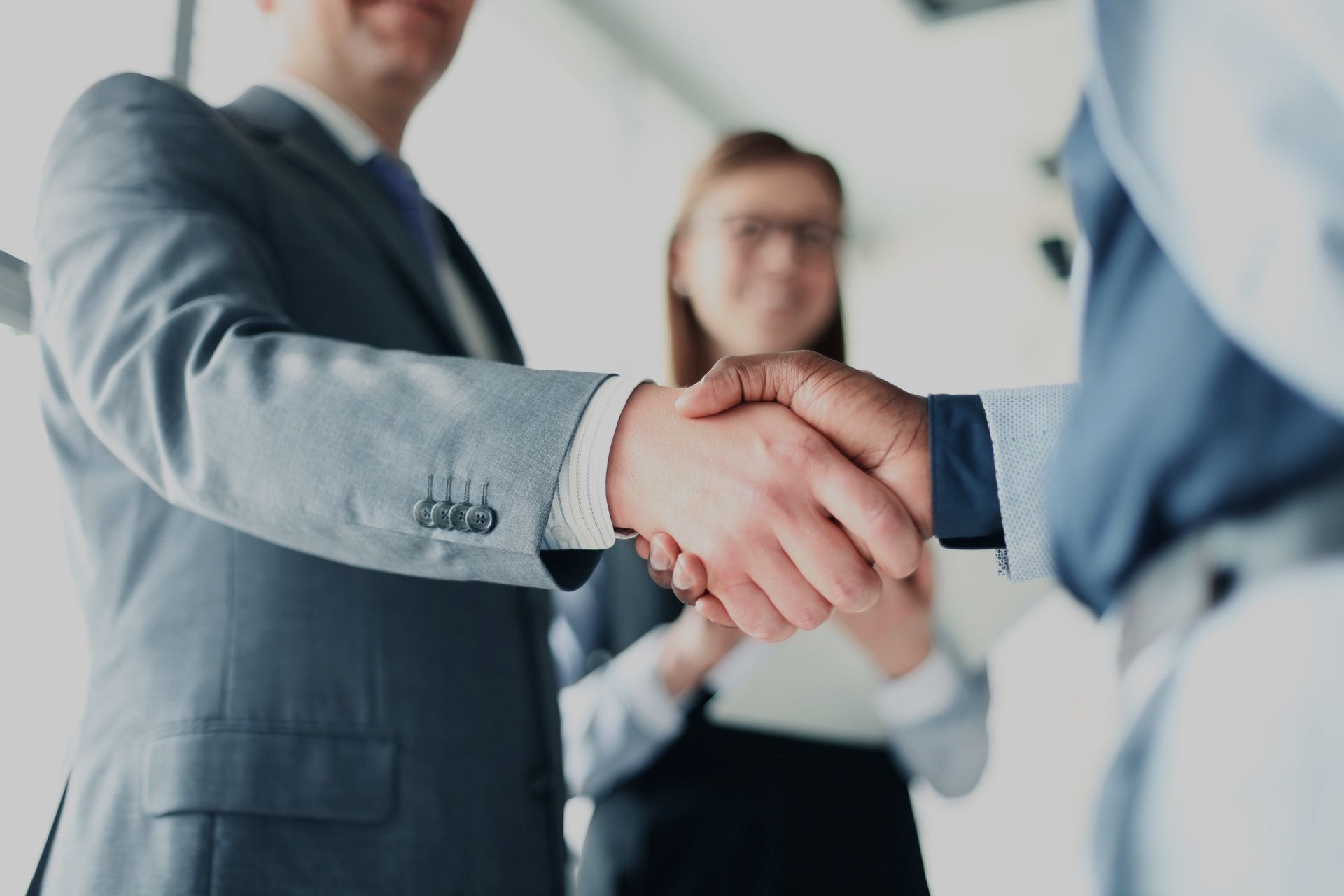 A group of business people are shaking hands in an office.