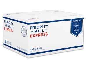 A white box with the words `` priority mail express '' on it.