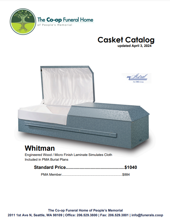 A casket catalog from the co-op funeral home