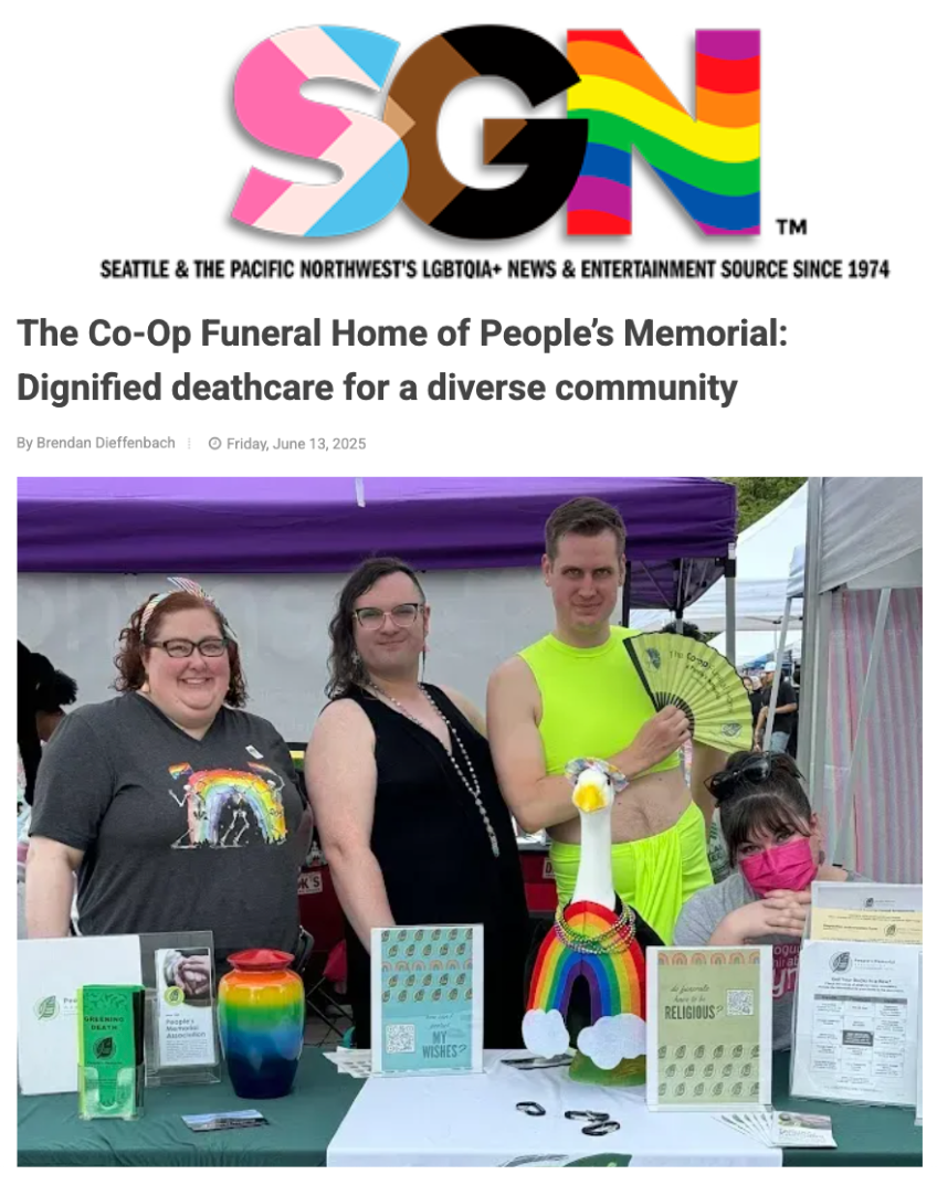 Meghan Walker, Brendan Dieffenbach, Beverly Tryk, and Bruce the Goose pose at Seattle Pride in 2024 when The Co-op Funeral Home and People's Memorial Association tabled.