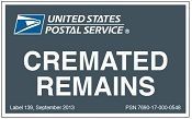 A united states postal service sign that says cremated remains.