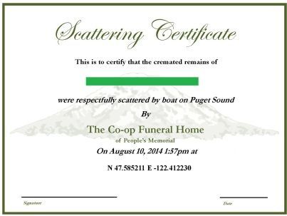 A scattering certificate for a funeral home on august 10 2014