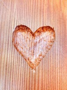 A heart is carved into a piece of wood.