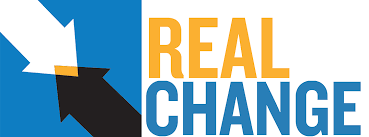 A blue and orange logo that says real change