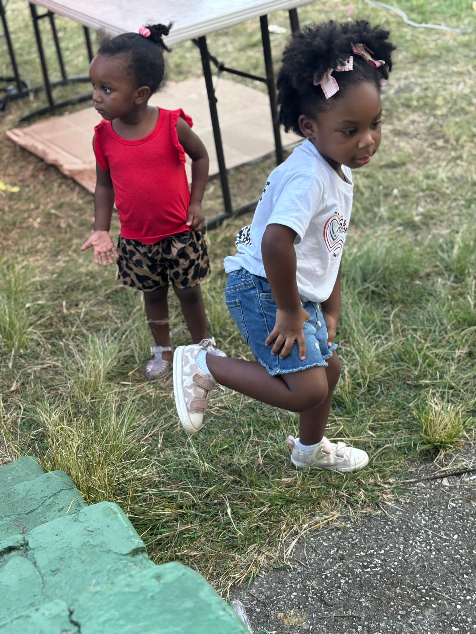Two little girls are running in the grass.
