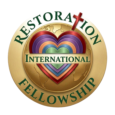 Restoration Fellowship International logo with gold circle and multicolored heart emblem