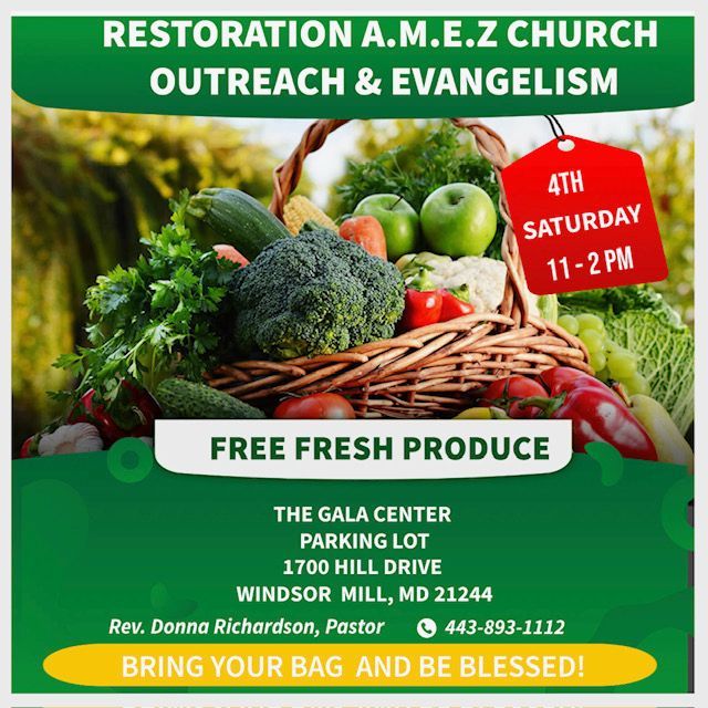 An advertisement for a free fresh produce event at restoration a.m.e.z church