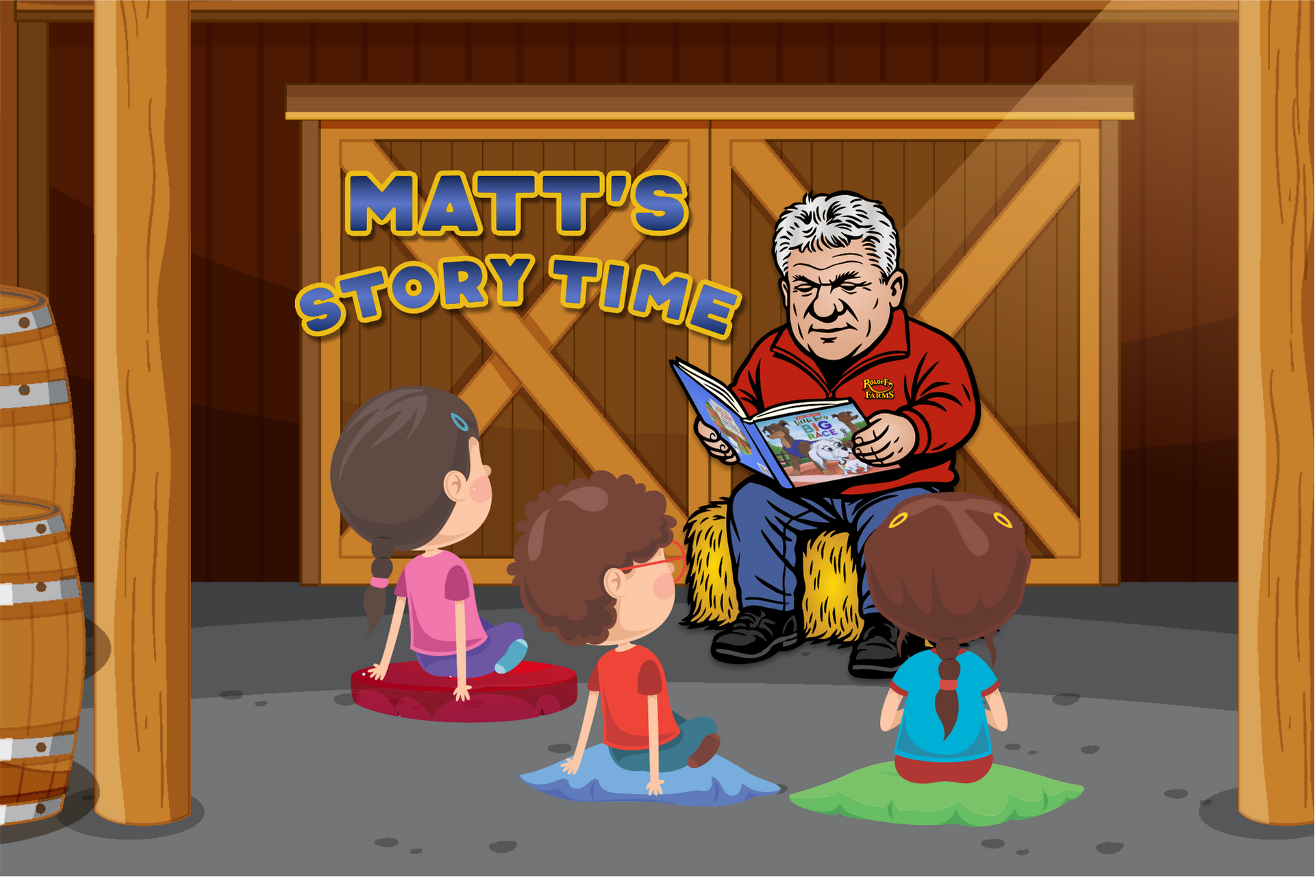 Graphic of Matt Roloff reading his book to children.
