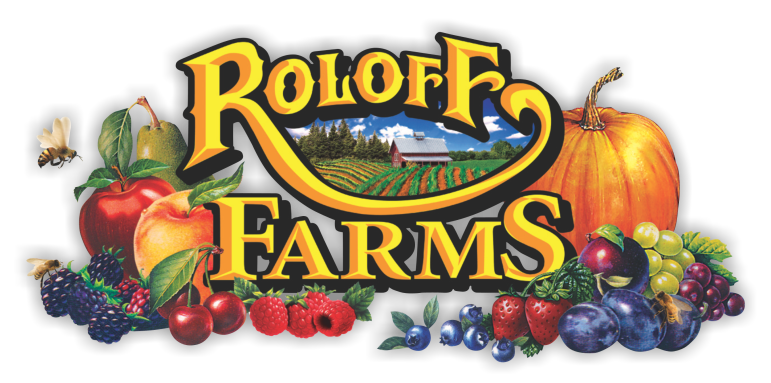 The logo for roloff farms is surrounded by fruits and vegetables