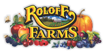 The logo for roloff farms is surrounded by fruits and vegetables