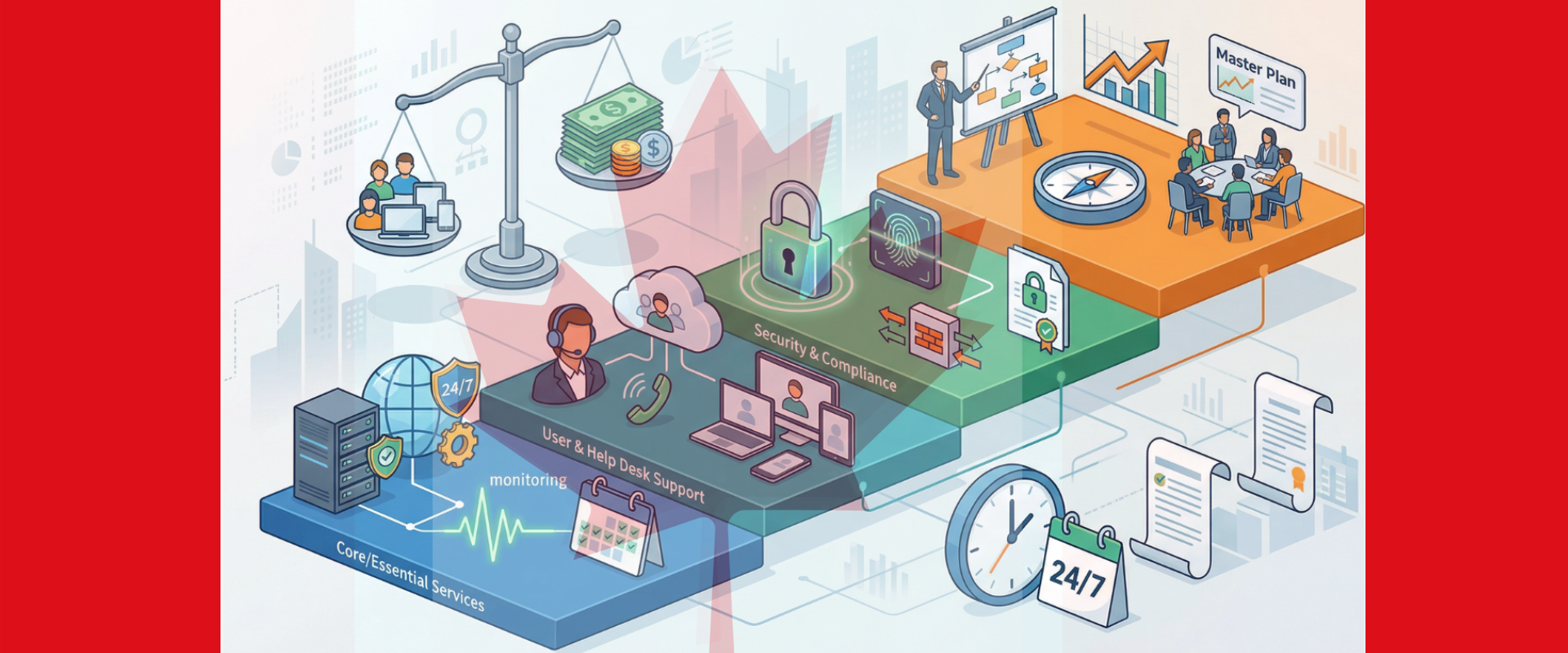 Managed IT services pricing infographic showing security, help desk support, and core IT infrastructure tiers.
