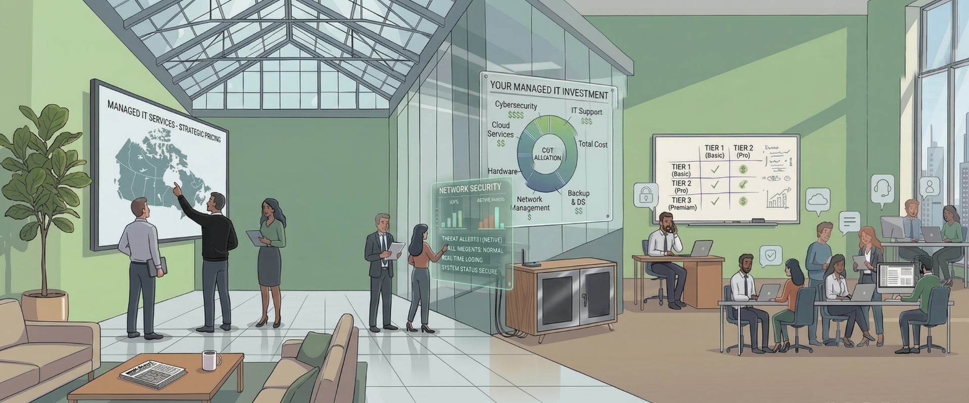 office illustration showcasing Managed IT Services, Network Security, and a Cost Allocation...