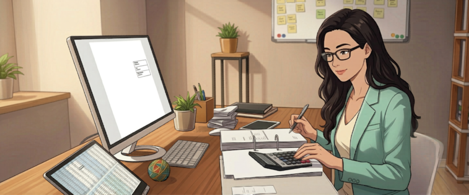 Anime illustration of a professional woman with glasses calculating finances at a busy desk with computers.
