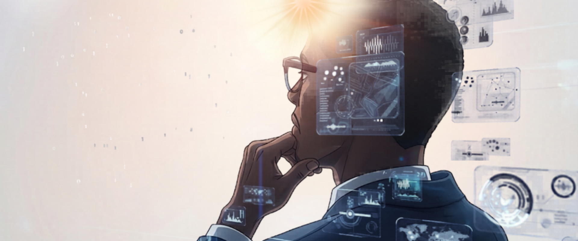 A person wearing glasses looks thoughtfully at floating digital data screens and futuristic UI interfaces. Thinking about Managed IT.